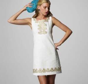 Lilly Pulitzer Gold Trim/White Adelson Resort Circular Textured Mini Dress Sz 0